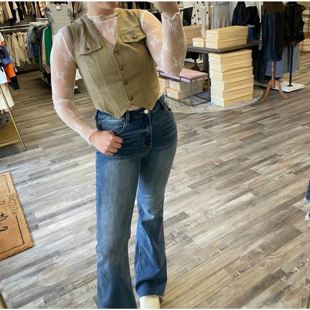 NEW STORIA denim vest top in tan - Picture 3 of 4